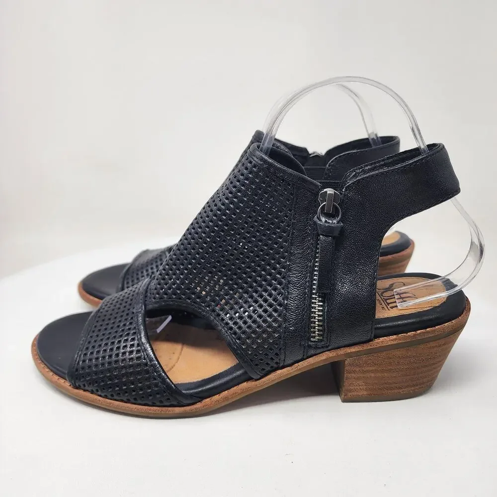 Sofft Nadira Sandal Size 9.5M Black Leather Perforated Peep Toe Zipper SF0027301